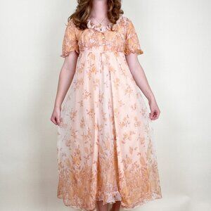 Vintage 50s 60s Nightgown Slip Dress Set Puff Sleeve Ruffle Tiered Floral MCM